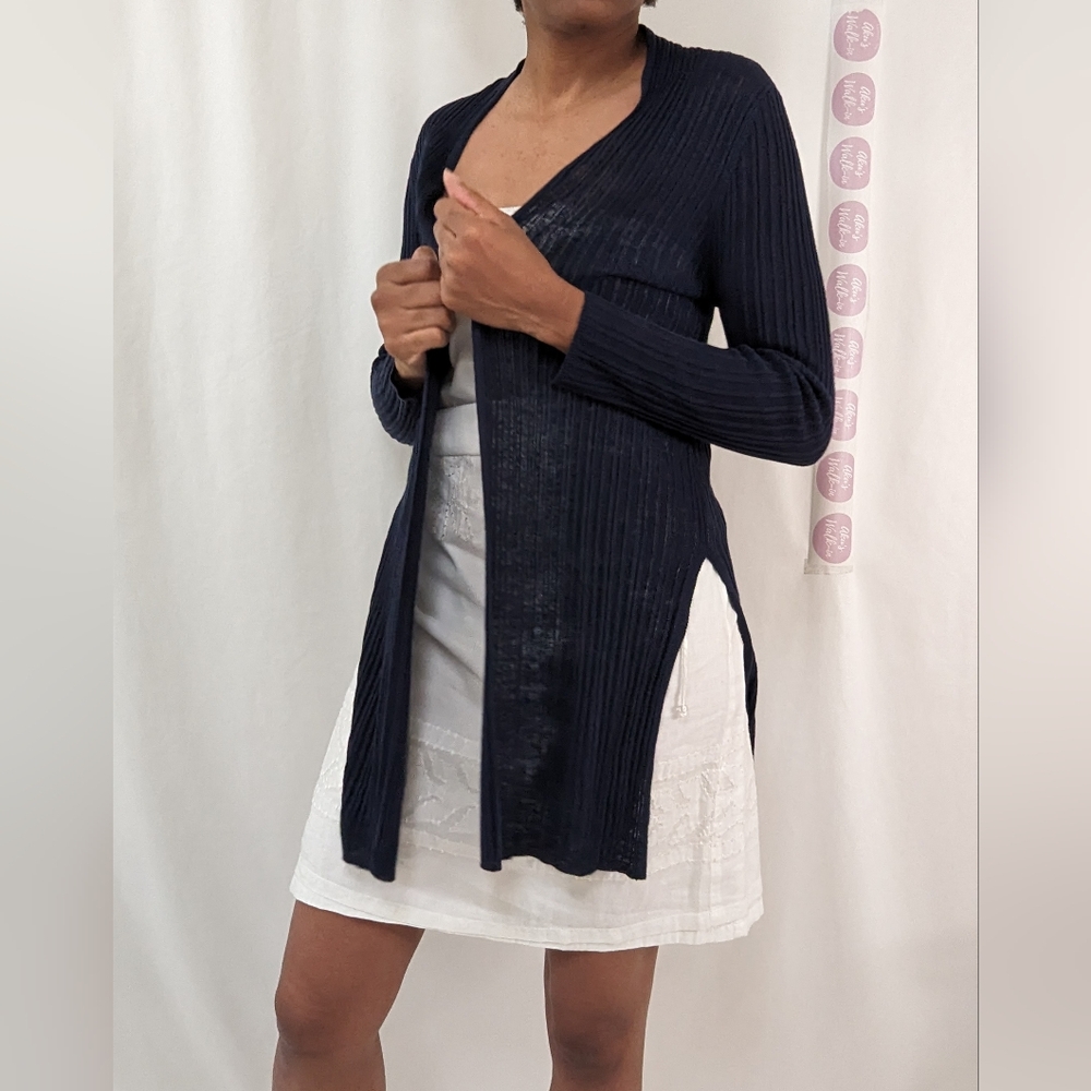 Eileen Fisher Knit Duster Cardigan Sweater 100% Linen S Navy Open Front …
